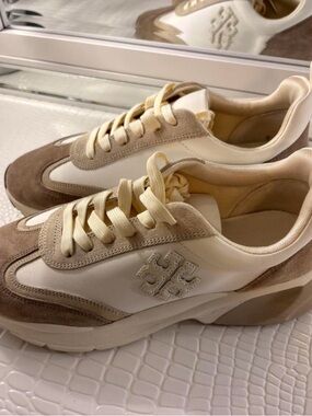 Tory Burch Cream and Beige Logo Runner Sneakers